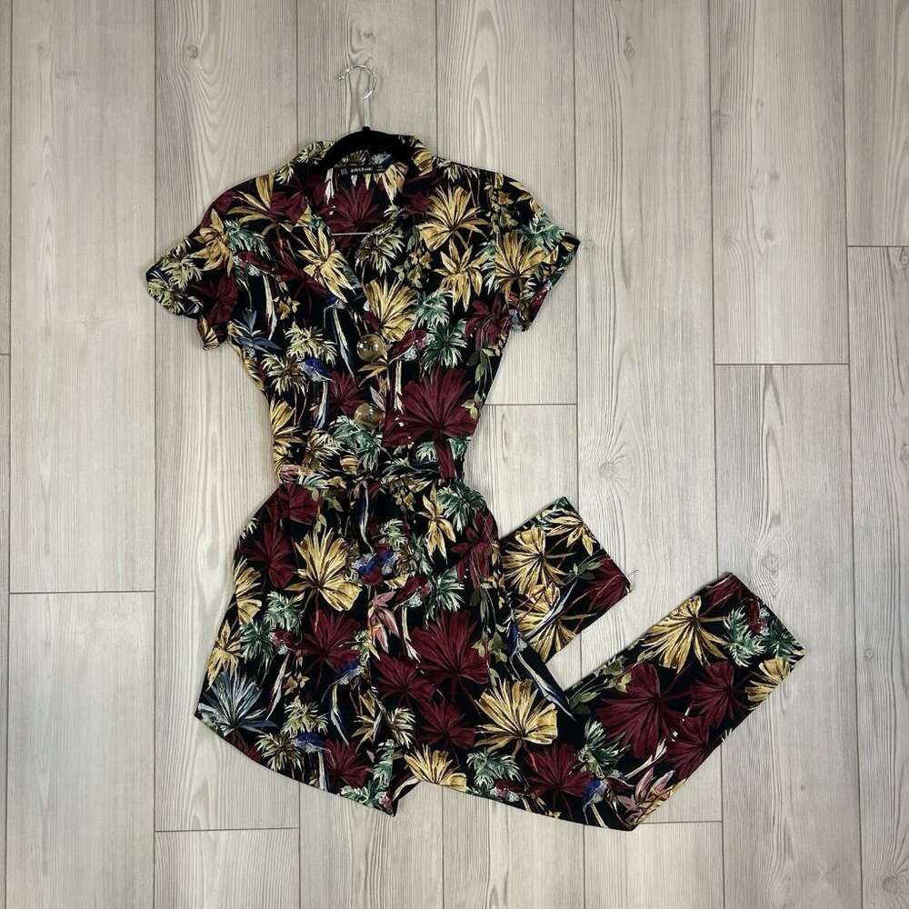 Zara Basic Tropical Print Jumpsuit with‎ Belt, Short Sleeve, Size XS